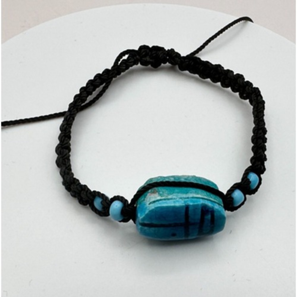 Vintage 90s Egyptian Scarab Bracelet Blue Glass Stone Braided Cord Boho Jewelry